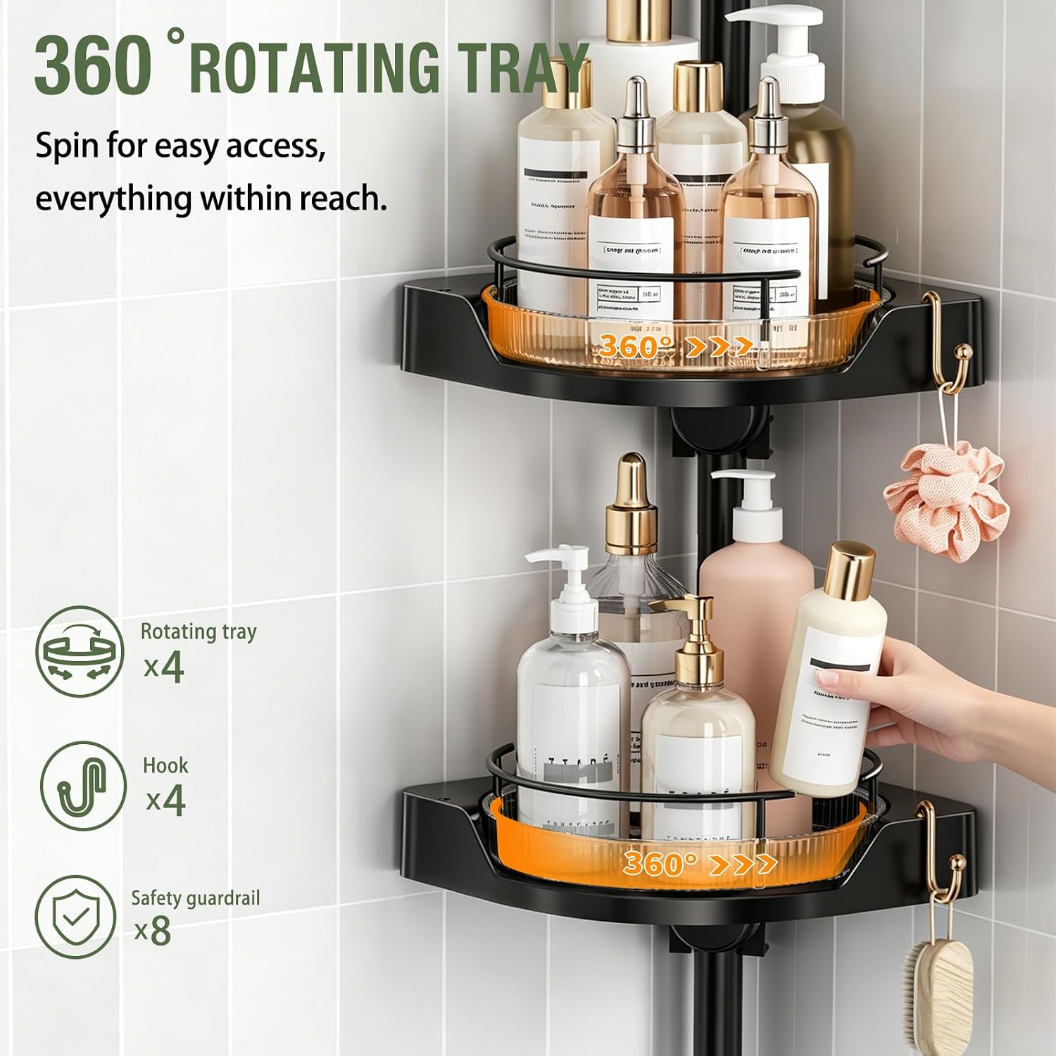 360° Rotating Corner Shower Caddy Tension Pole Organizer (Black) | 4-Tier rotating shelves with hooks, adjustable