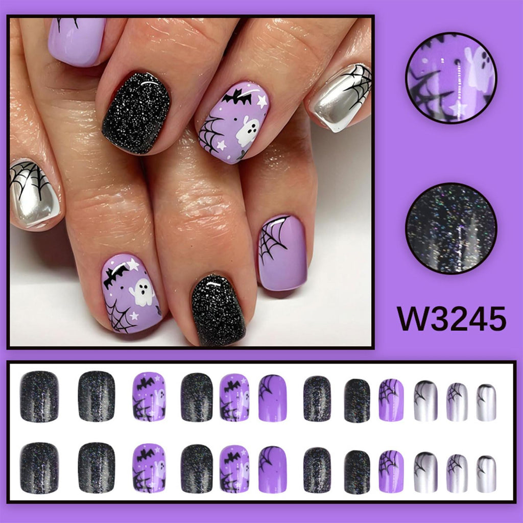 6 Sets(144Pcs) Halloween Press On Nails Short Square Fake Nails, Cute Ghost