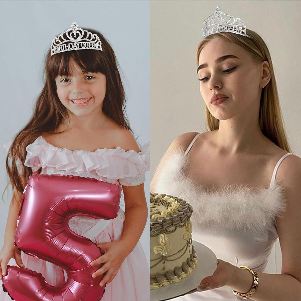 Silver Birthday Queen Sash and Crown for Girls Adult Woman Crystal Birthday Tiaras for Girls Princess Crowns