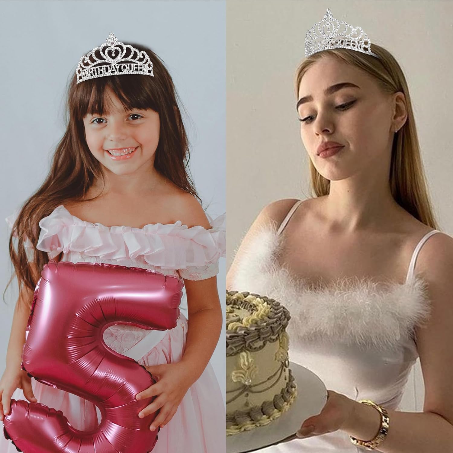 Silver Birthday Queen Sash and Crown for Girls Adult Woman Crystal Birthday Tiaras for Girls Princess Crowns
