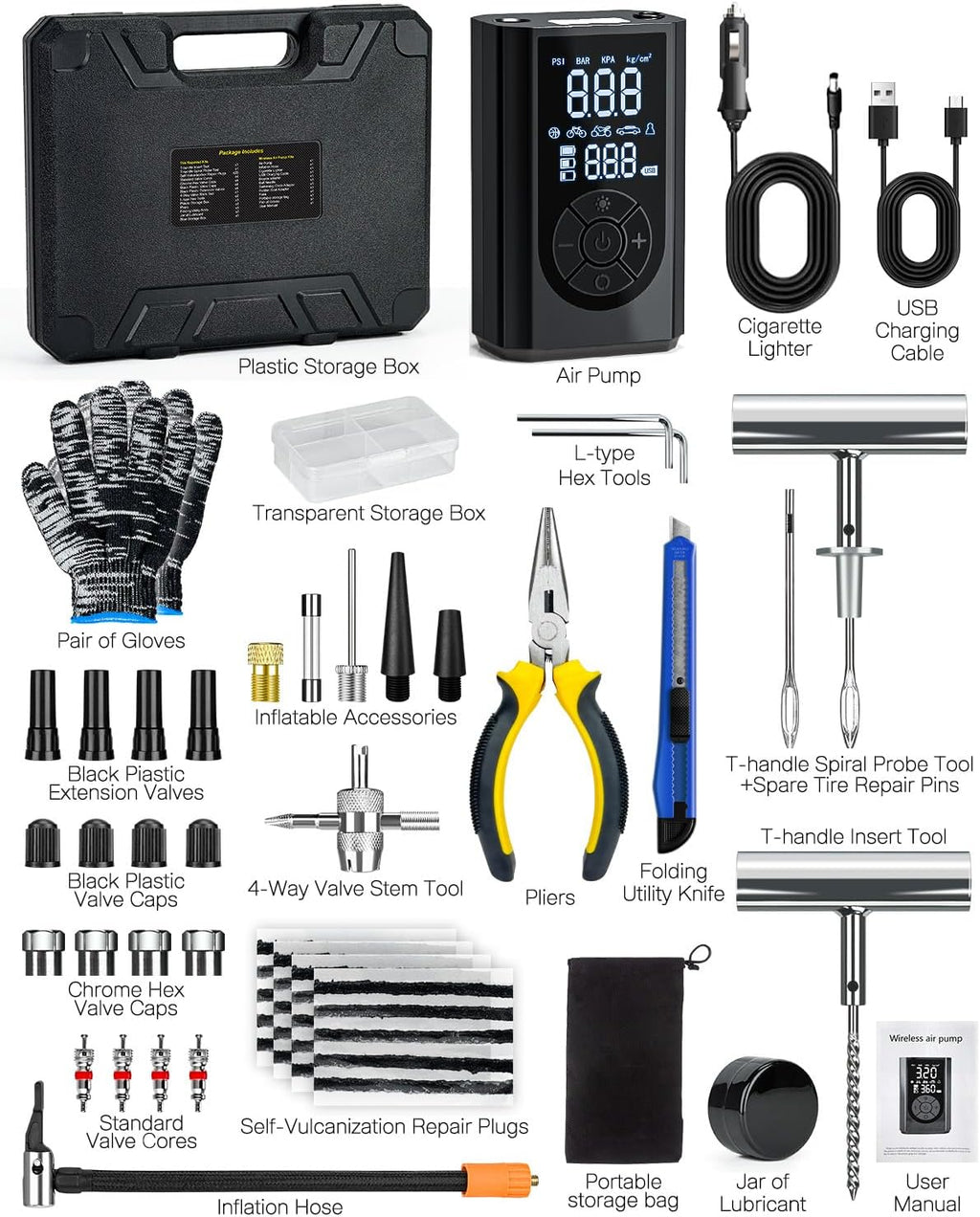 Tire Repair Kit with Portable Air Compressor, Tire Plug Kit 58PCS with Cordless Tire Inflator (150 PSI) for Car