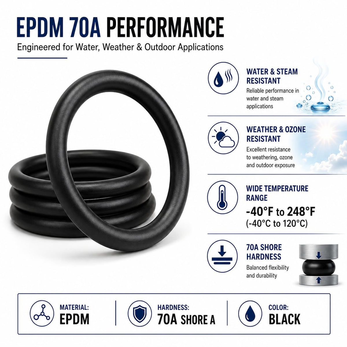 AS568-006 EPDM O-Ring, 0.070" CS, 70A, 100 Pcs