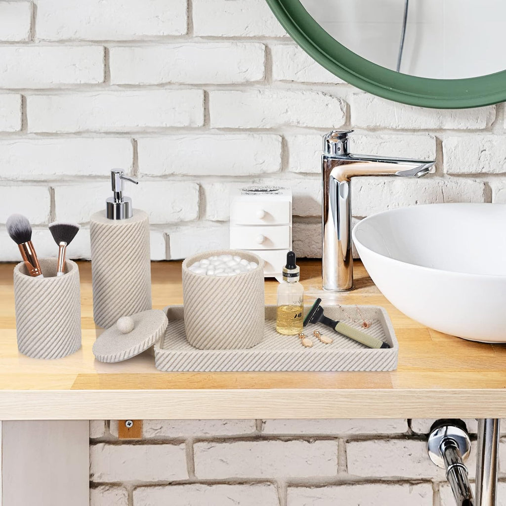 Beige Bathroom Accessories Set 4 Pcs - Toothbrush Holder,Lotion Soap Dispenser,Qtip Holder Dispenser,Vanity Tray for