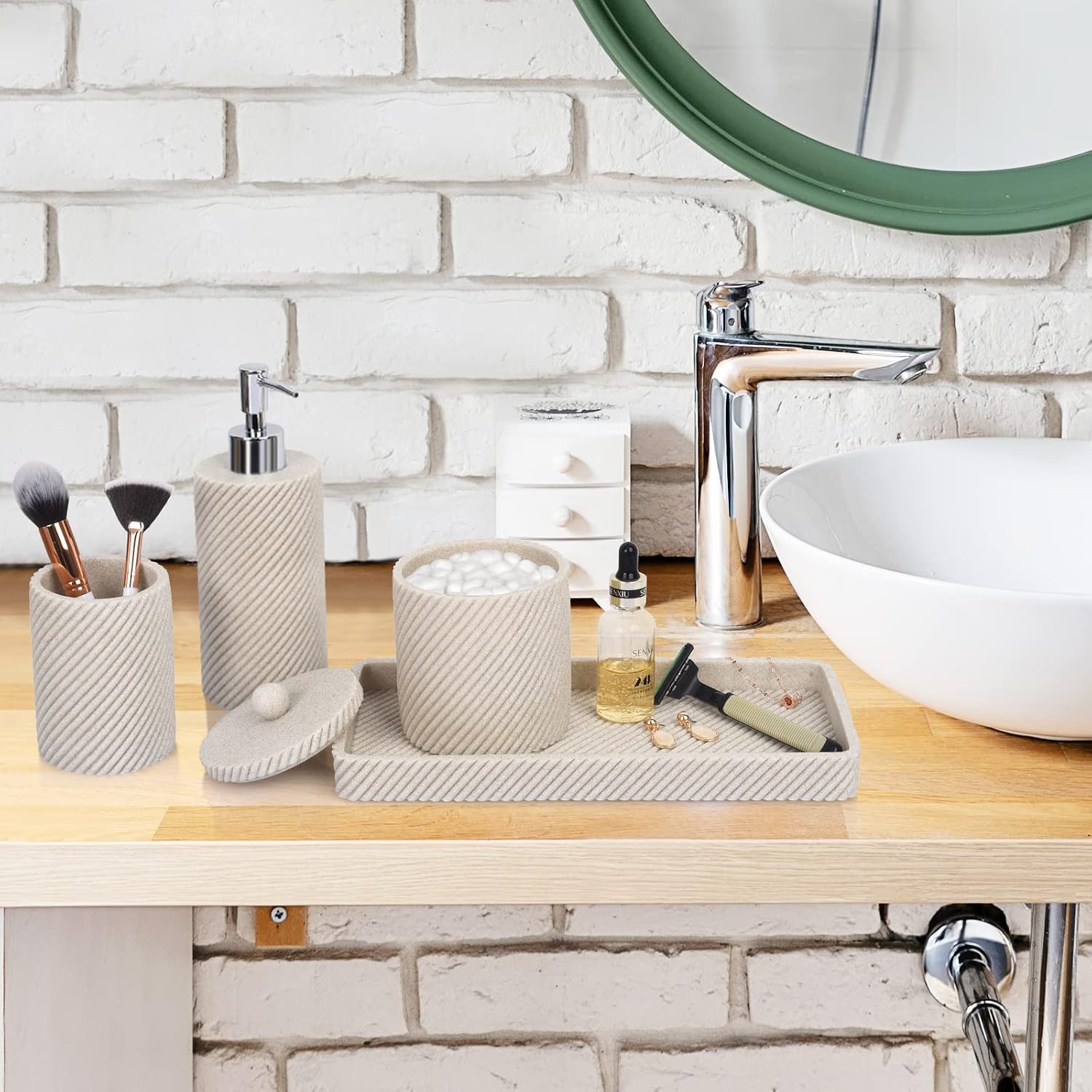 Beige Bathroom Accessories Set 4 Pcs - Toothbrush Holder,Lotion Soap Dispenser,Qtip Holder Dispenser,Vanity Tray for