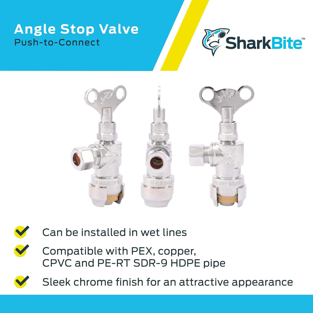 1/2 x 3/8 Inch Compression Angle Stop Valve, Loose Key Quarter Turn, Push to Connect Brass Plumbing Fitting, Chrome