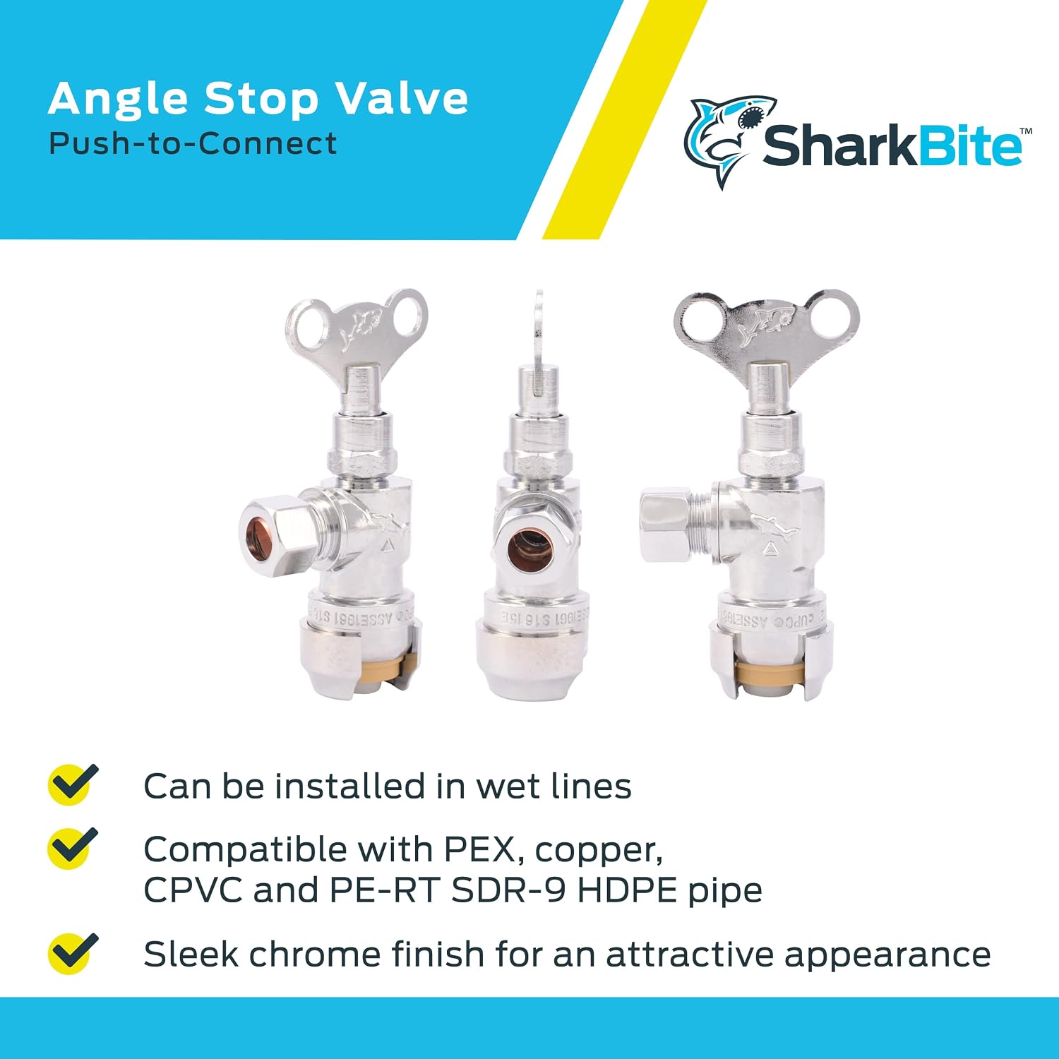 1/2 x 3/8 Inch Compression Angle Stop Valve, Loose Key Quarter Turn, Push to Connect Brass Plumbing Fitting, Chrome
