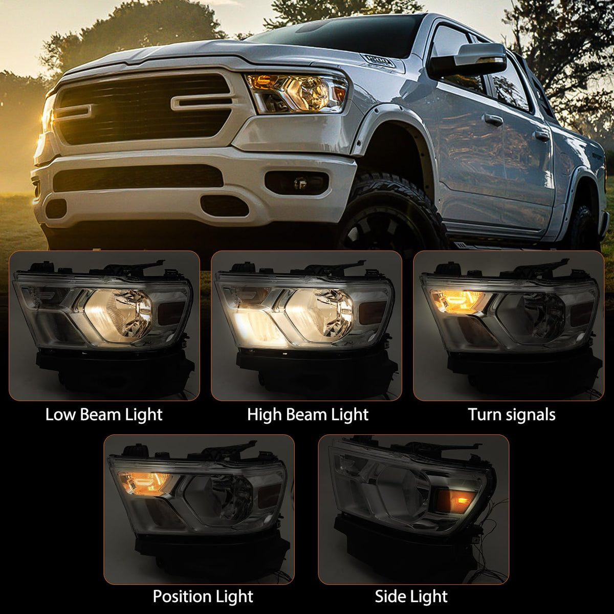 Halogen Headlight Assembly for Dodge Ram 1500 2019-2024 Left Chrome