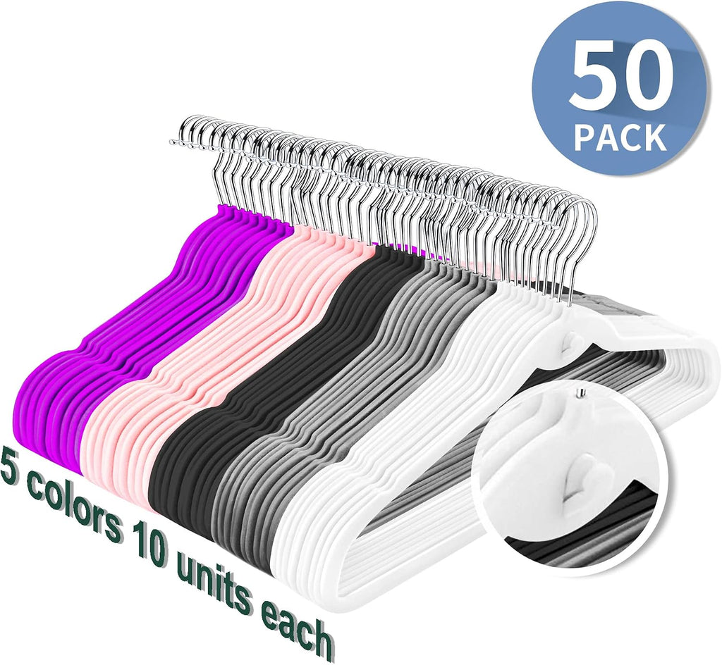 Multi-Color Velvet Hangers 50 Pack with Cascading Hooks, Non-Slip Black, Pink, White, Grey, and Purple Velvet Hangers