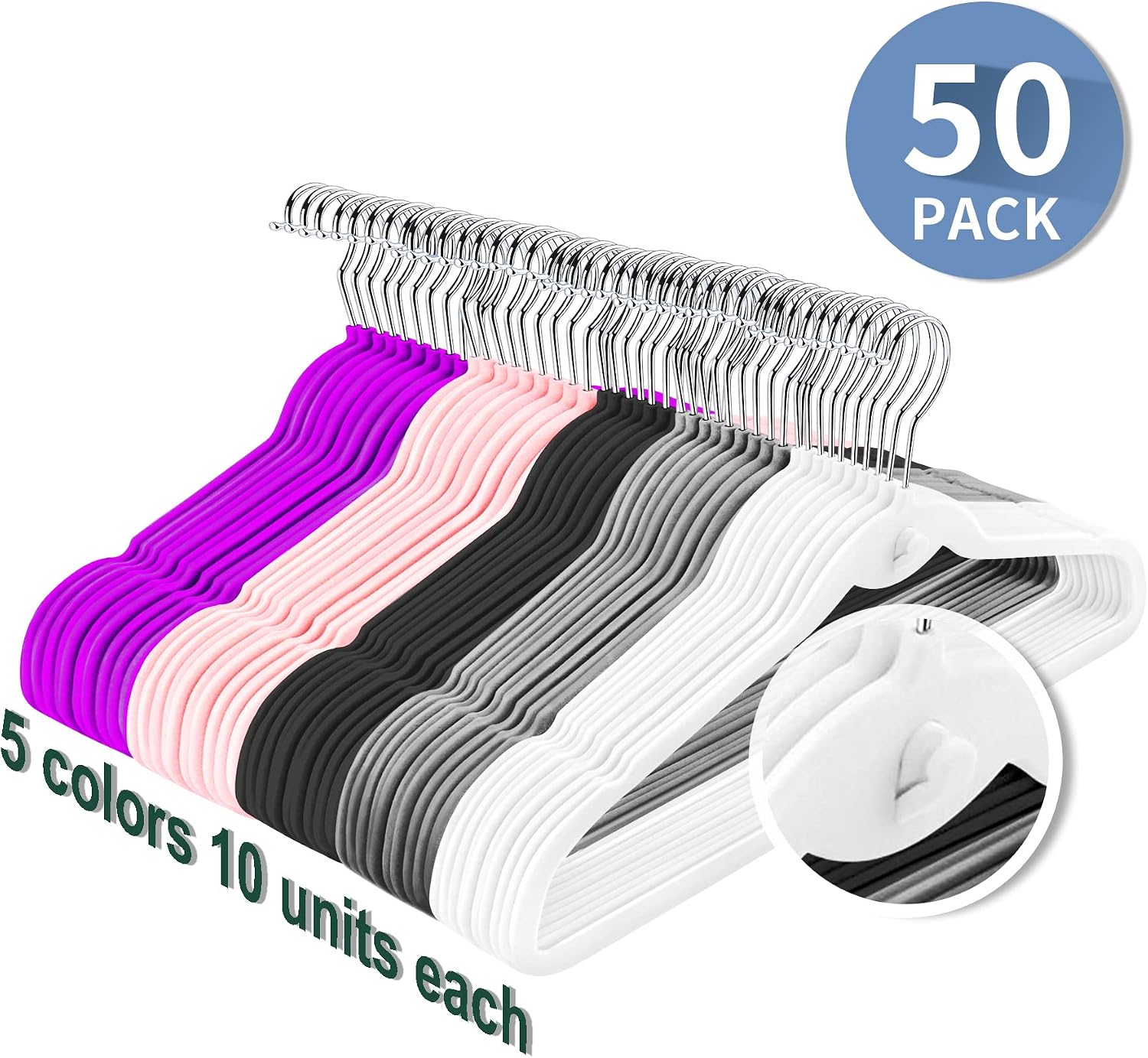 Multi-Color Velvet Hangers 50 Pack with Cascading Hooks, Non-Slip Black, Pink, White, Grey, and Purple Velvet Hangers