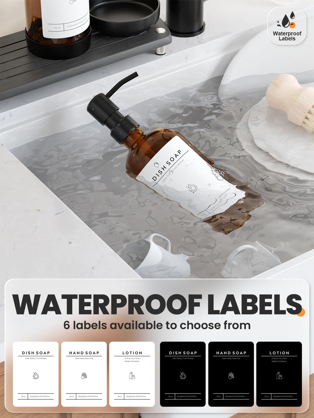 [Luxury] Kitchen Soap Dispenser Set - 16OZ Amber Glass Bottle, Stainless Steel Pump, Instant Dry Tray, Waterproof