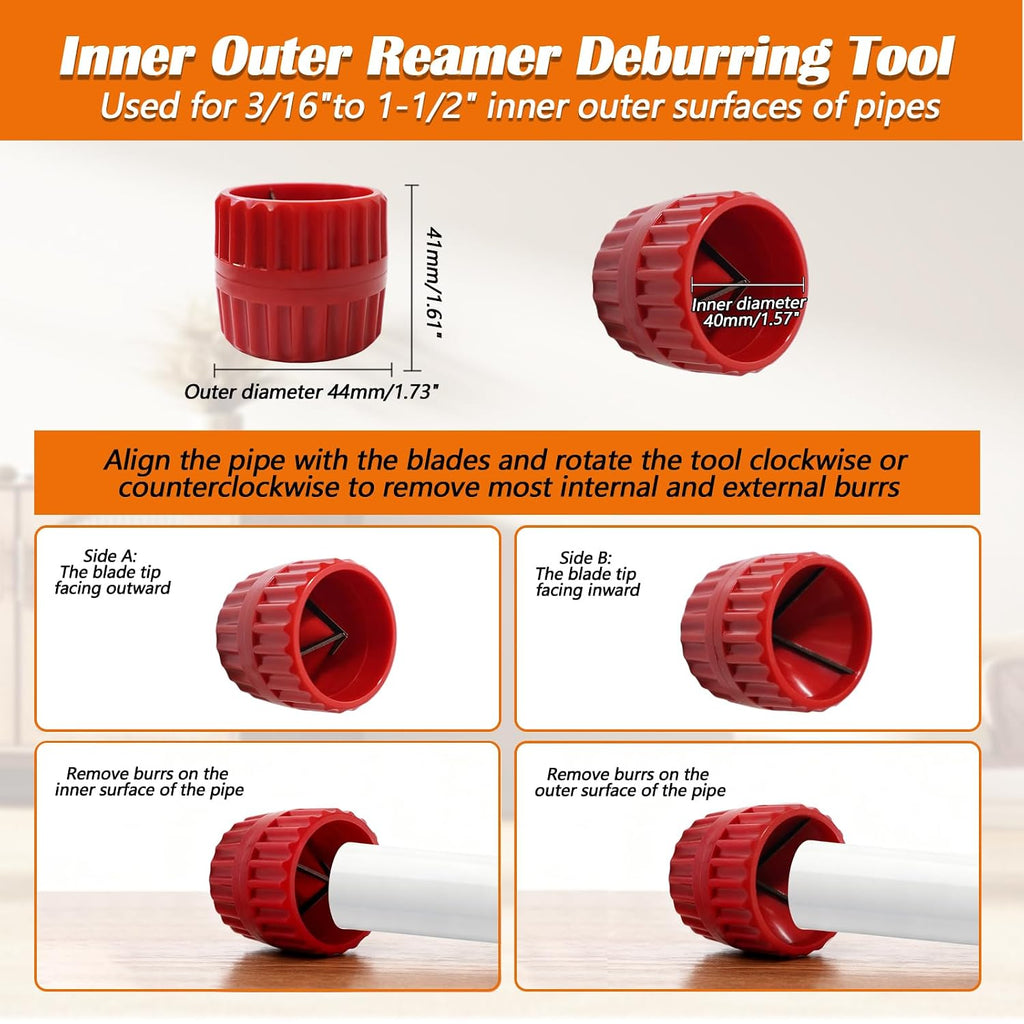 1/4'' - 1'' Pipe Depth Gauge and 3/16" to 1-1/2" Deburring Reamer Tool Kit | 2 in 1 Kit Pipe Depth Gauge, Inner Outer
