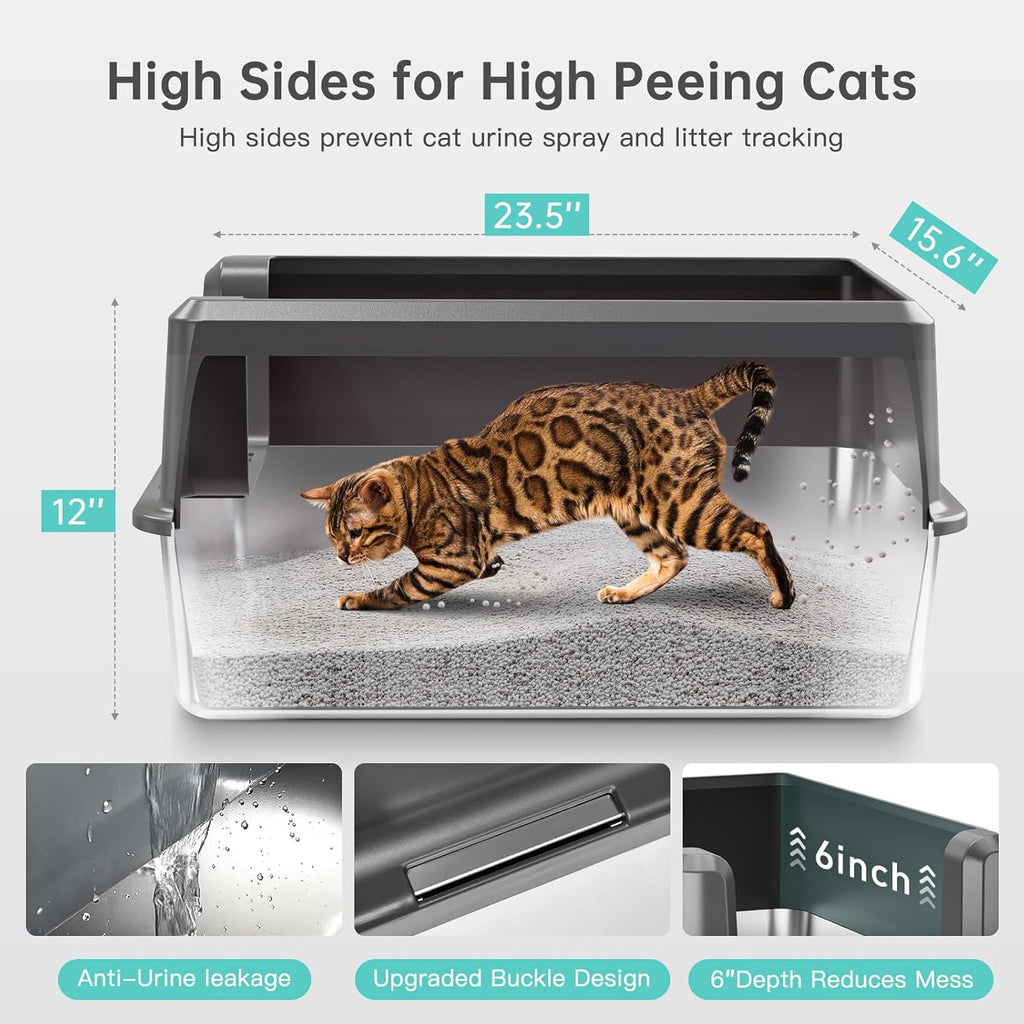 Enclosed Stainless Steel Cat Litter Box with Lid, XL Extra Large Litter Box for Big Cats, Metal Litter Pan High