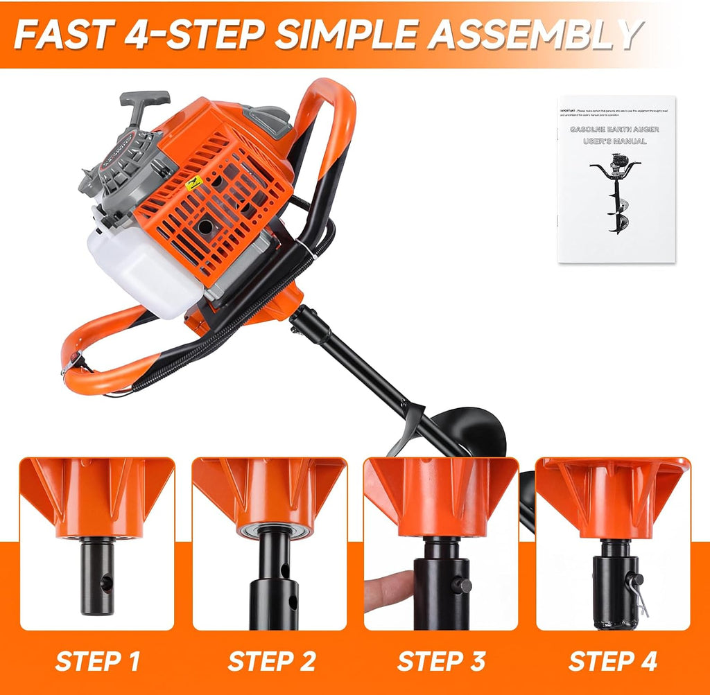 72CC 2 Stroke Earth Auger Post Hole Digger Gas Powered with 6"/8" Bit & Ext | 62" Max Digging Depth | 2 Auger Drill