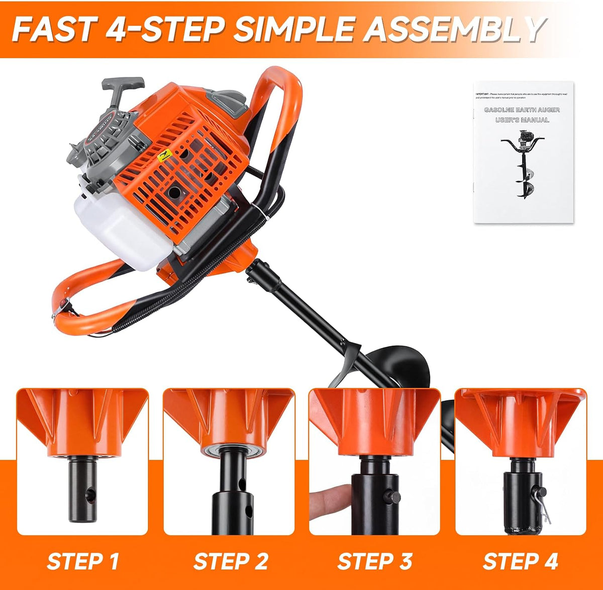 72CC 2 Stroke Earth Auger Post Hole Digger Gas Powered with 6"/8" Bit & Ext | 62" Max Digging Depth | 2 Auger Drill