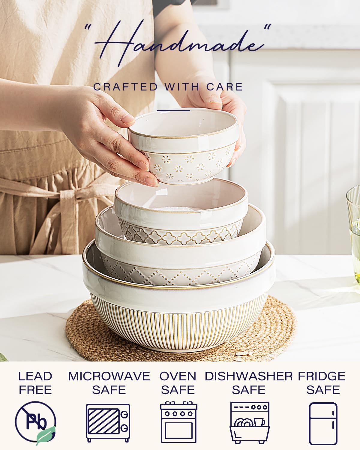 Large Serving Bowls Set of 4, 12/26/42/64 oz Ceramic Stoneware Nesting Bowls Set, Microwave and Dishwasher Safe