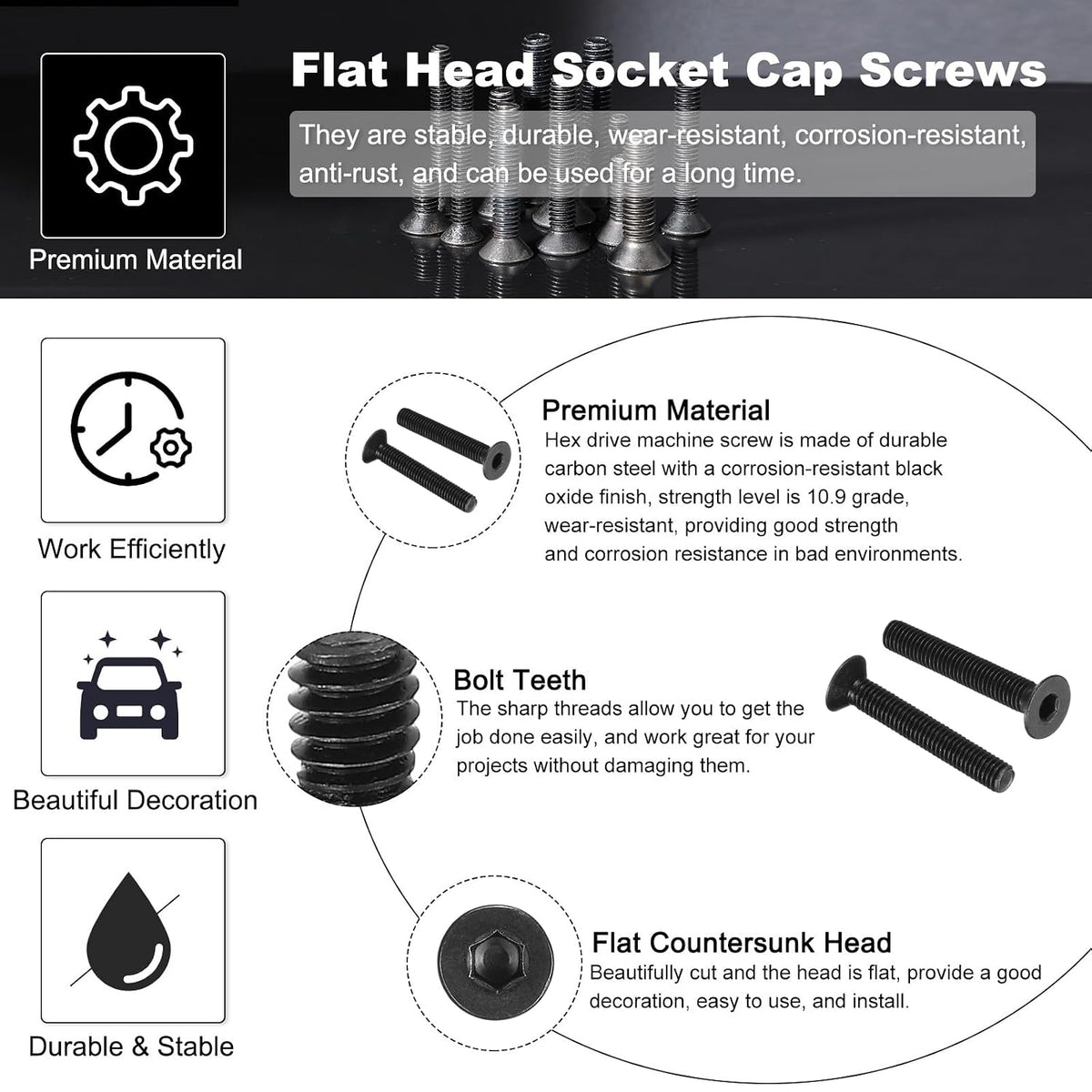 PATIKIL #10-32 x 1-1/4 Inch Flat Head Socket Cap Screws, 10 Pcs Flat Countersunk Bolts Hex Socket Drive Machine Screws Full Thread Coarse Thread UNC with Hex Spanner Black Oxide Grade 10.9