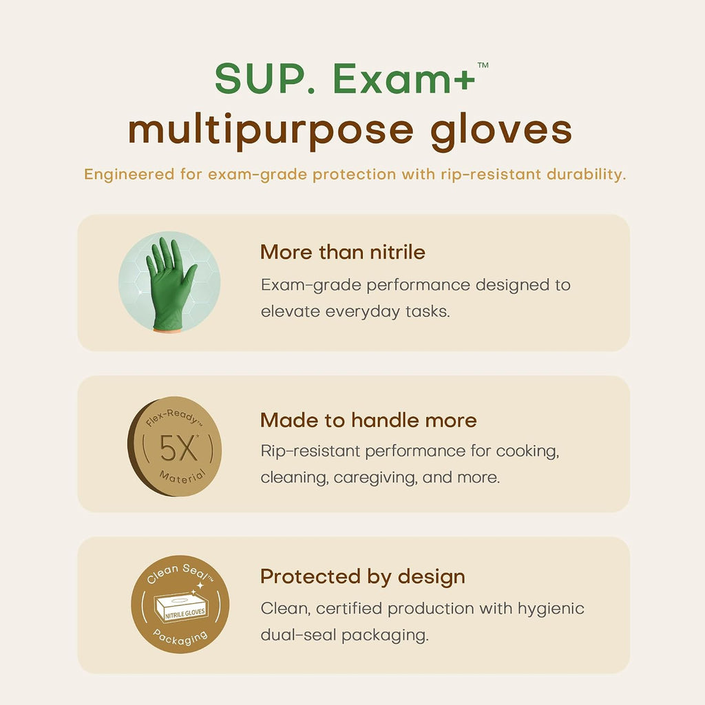 Nitrile+ SUP Exam Plus Gloves, Powder-Free Disposable Moss Green, 100 Count