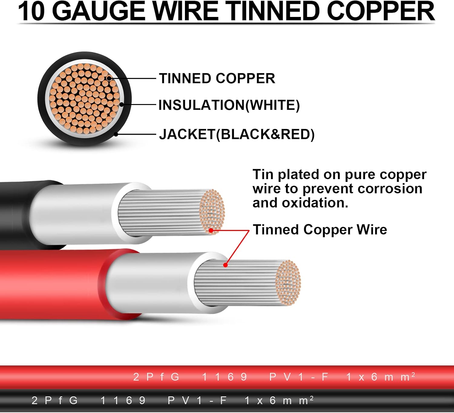 3 Feet 10AWG (6mm²) Solar Extension Cable, 1500V DC PV Wire | Tinned Copper PV Wire, 1500V DC, TUV-Certified, UV