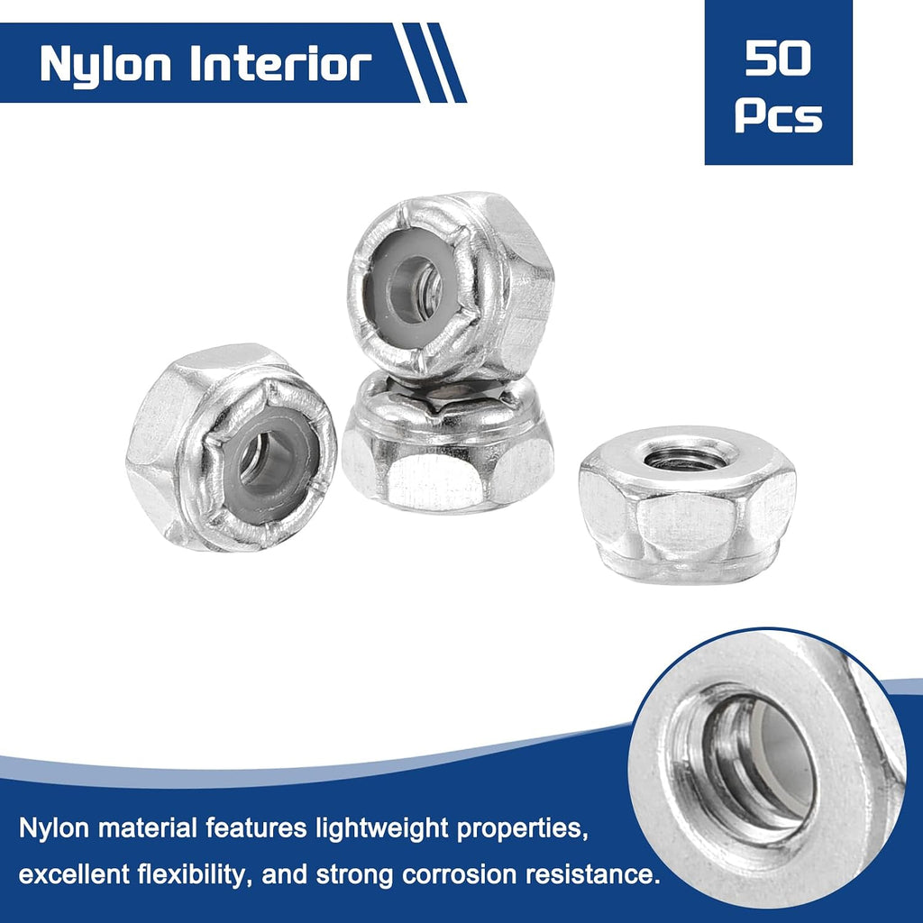 50Pcs #6-32 Nylon Locking Hex Nuts 304 StainlessSteel Silver