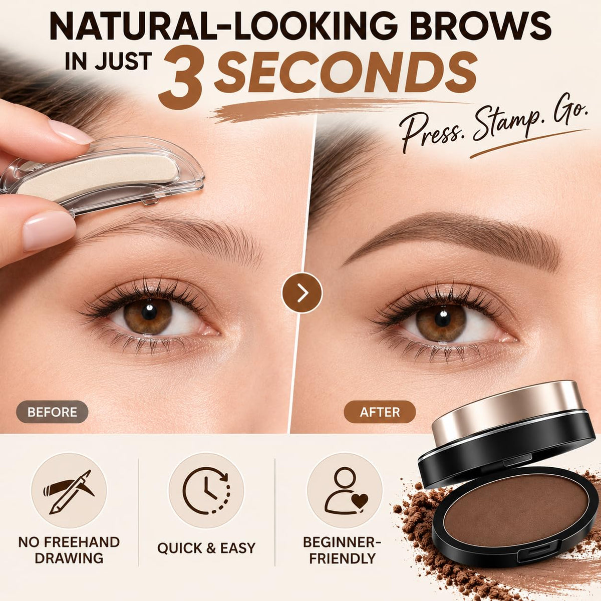 Eyebrow Stamp, Waterproof Brow Powder for Natural-Looking Brows in 3 Seconds, 3 Brow Shapes, Smudge-Resistant &