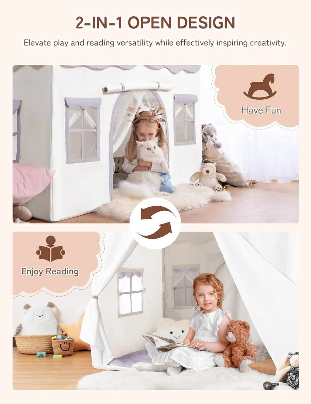 Kids Play Tent 2 in 1 with Padded Mat and Lights, Large Kids Playhouse with 2 Doors & 4 Windows, Indoor & Outdoor