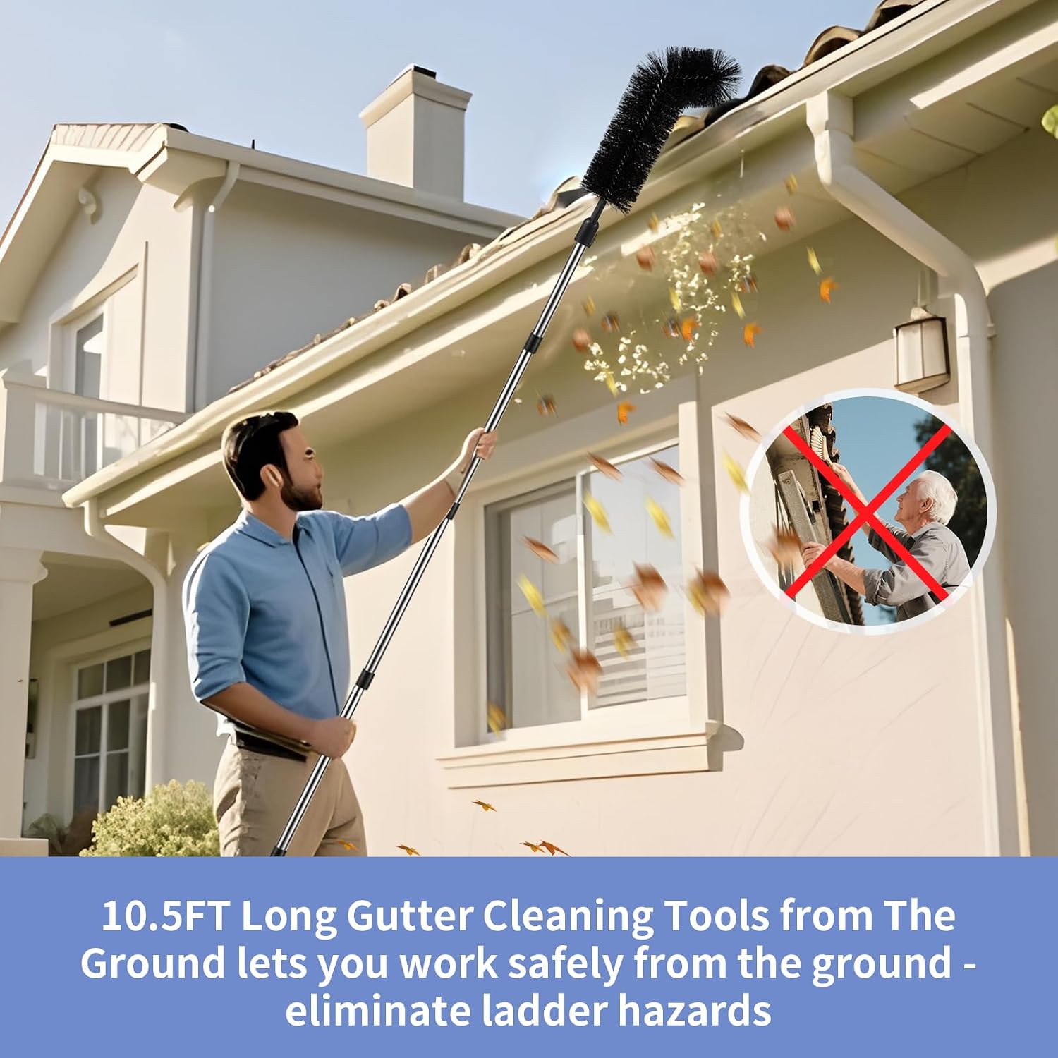 Gutter Cleaning Tools from Ground - 10.5FT Long Adjustable gutter Cleaner & Brush, No Ladder Needed | Rain Gutter