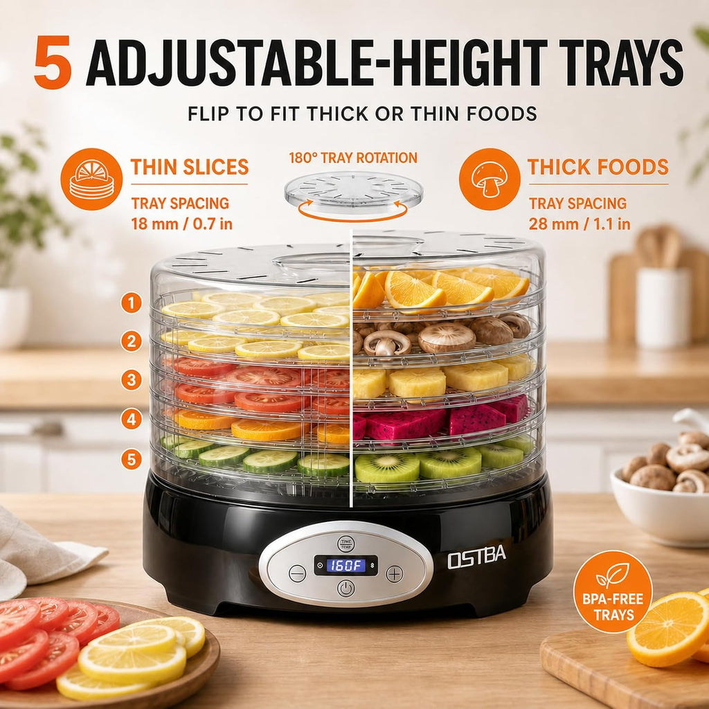 Food Dehydrator, 5 BPA-Free Trays, Adjustable Temp, 48H Timer, 420W