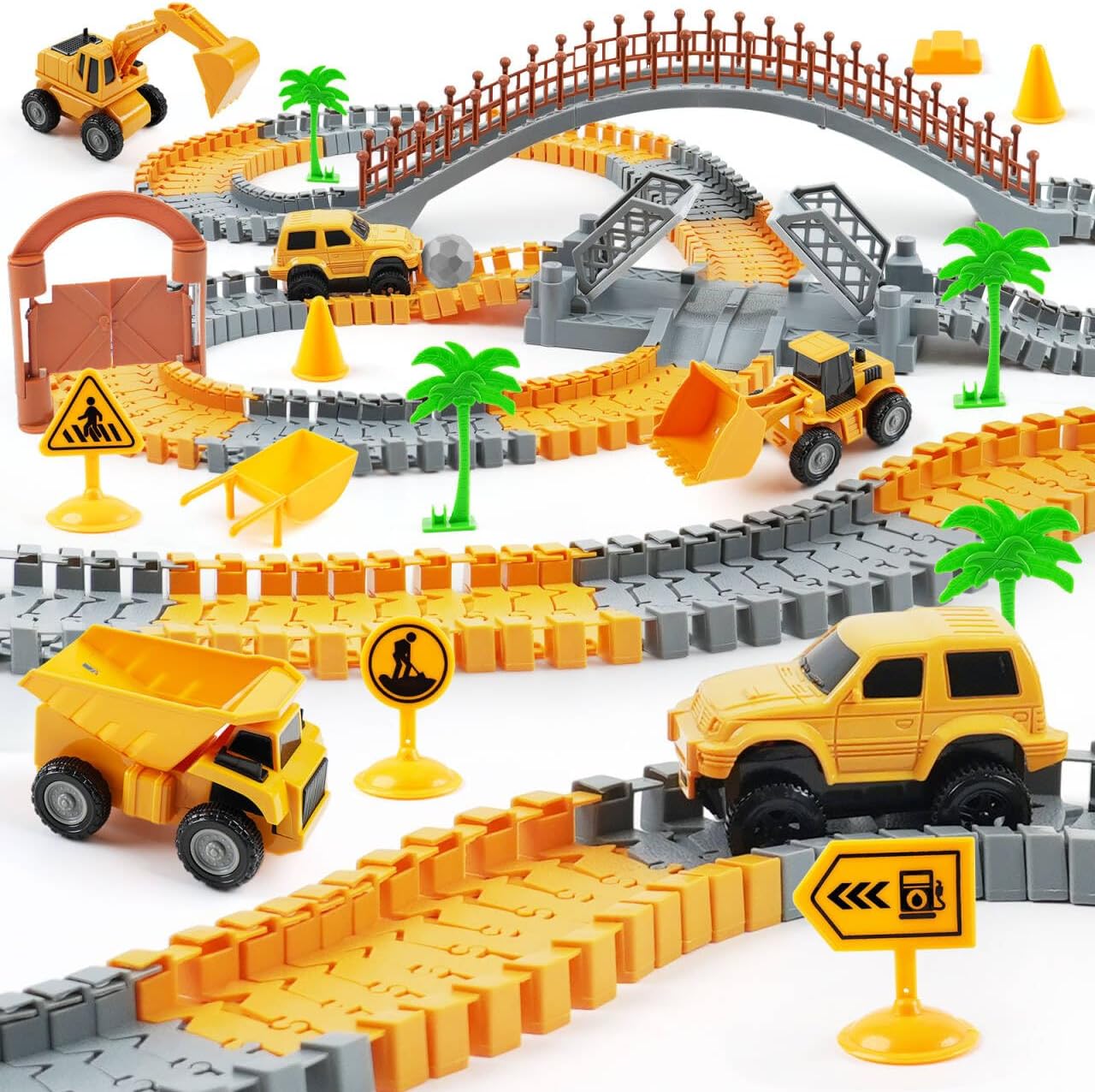 Construction Race Car Track Set for Kids - Flexible Engineering Toys with 2 Electric Cars, Birthday Gift for 3 4 5 6