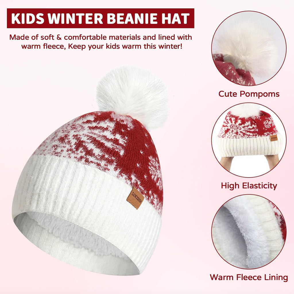 Kids Winter Hat Gloves Scarf Set: Girls Boys Beanie With Pom Knit Neck Warmer Gaiter Mittens Fleece Lined Sets (One