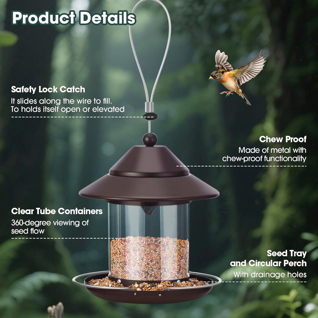 Bird Feeders for Outdoors, Hanging Small Metal Roof Bird Feeder with Clear Tube Seed Capacity for Viewing Cardinal