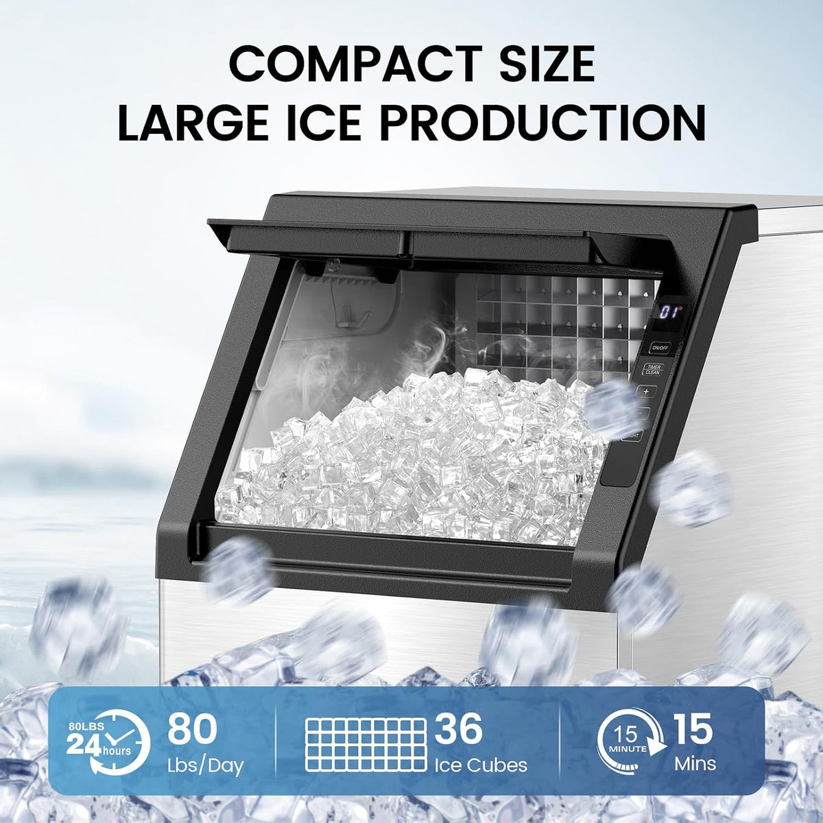 Commercial Ice Maker Machine, 80Lbs/24H Under Counter ice Machine with 24 Hours Timer & LCD Panel, 28lbs Storage