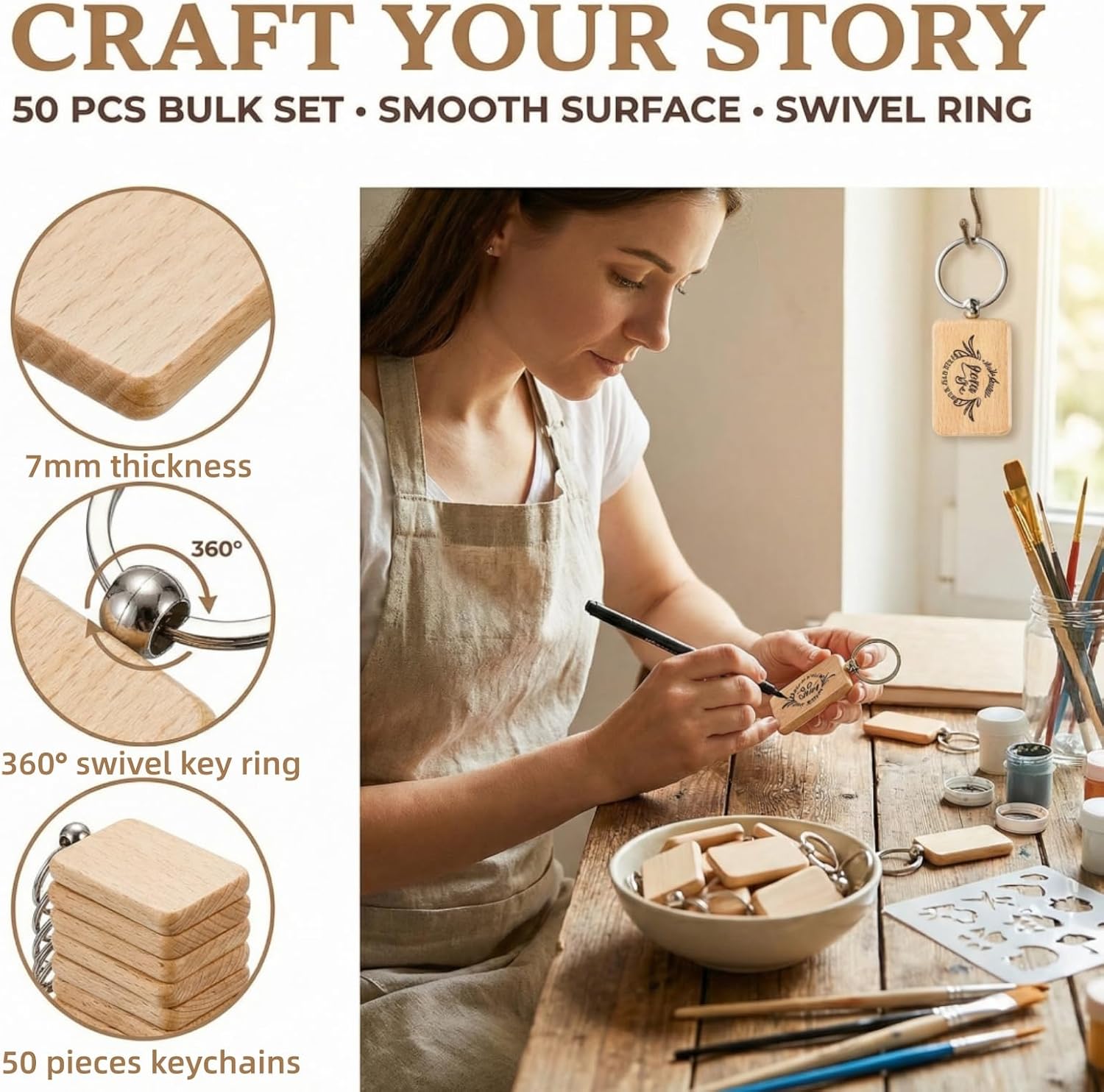 50 Pieces Wood Keychain Blank, Rectangular | Unfinished Laser Engraving Blanks with Key Rings, Keychain Ring Tag Wood