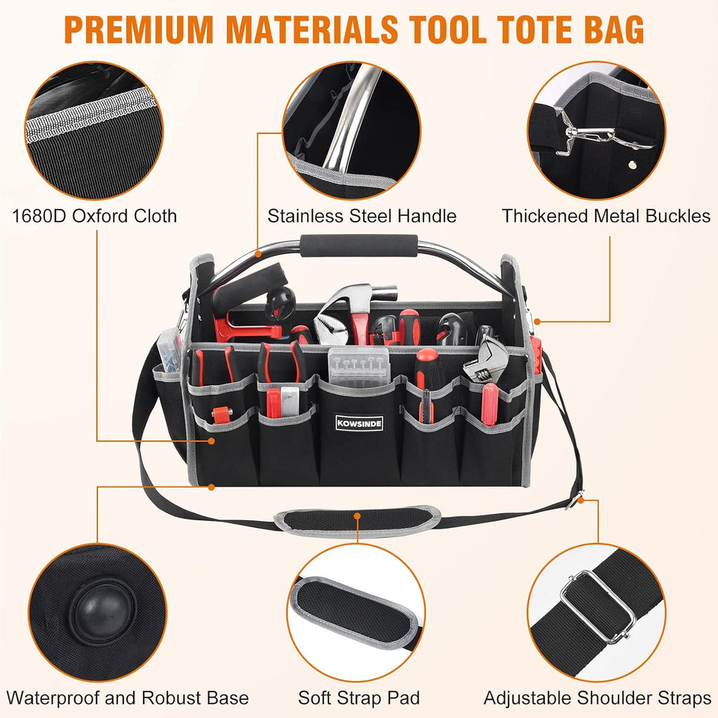 16 Inch Tool Bag, Electrician Tool Bag, Open Top Tool Bags, 26 Pockets Can Hold Many Tools, Steel Handle and