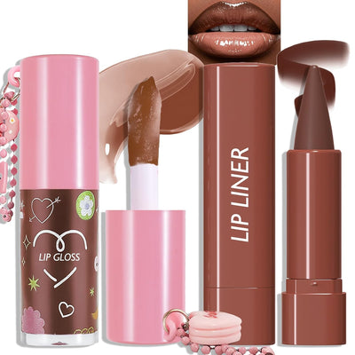 Lip Kit - Brown Lip Liner and Gloss Set, Matte Plumping Lip Pencil Moisturizing Lightweight Nude Lips Tint Stain