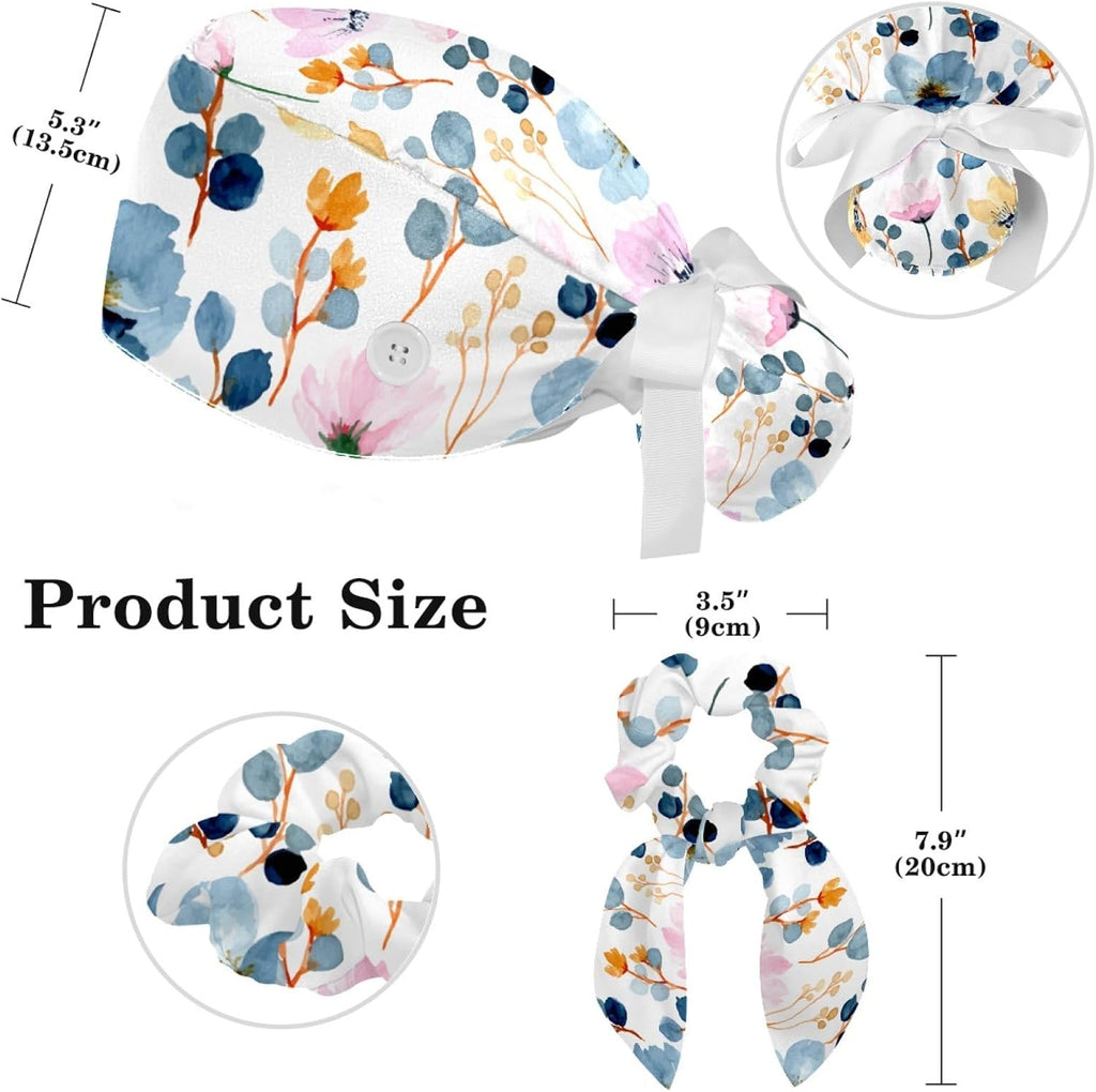 Floral Design Scrub Caps with Buttons Women Working Cap Adjustable Sweatband Bouffant Hats