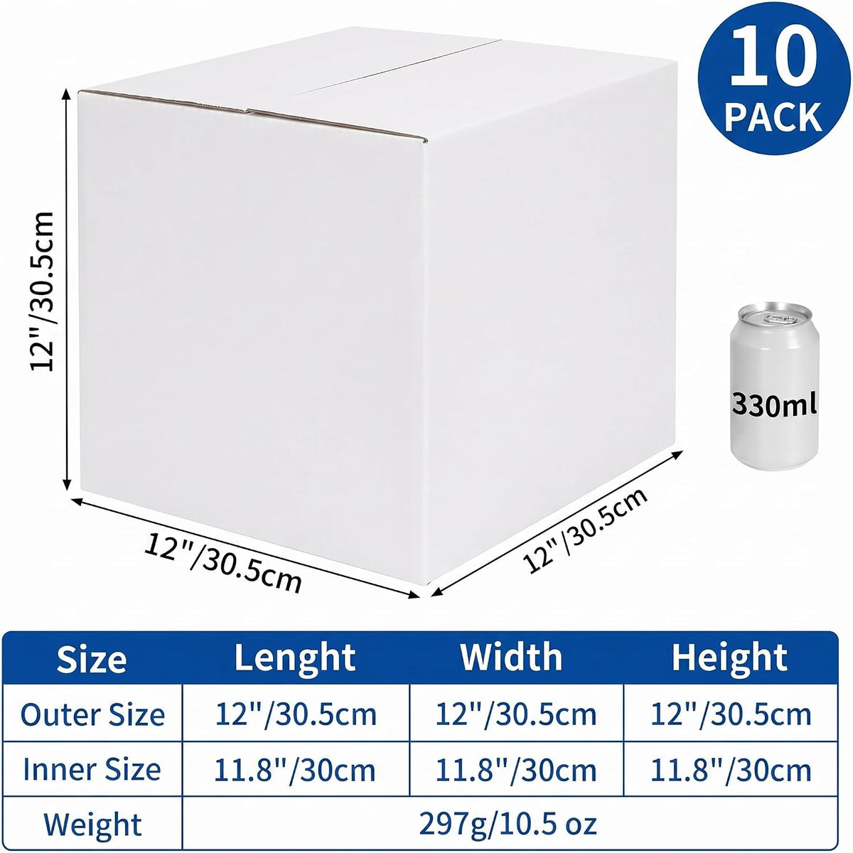 12x12x12 Shipping Boxes 10 Pack, White Corrugated Cardboard Boxes with Side-Lock and Pre-Applied Double-Sided Tape