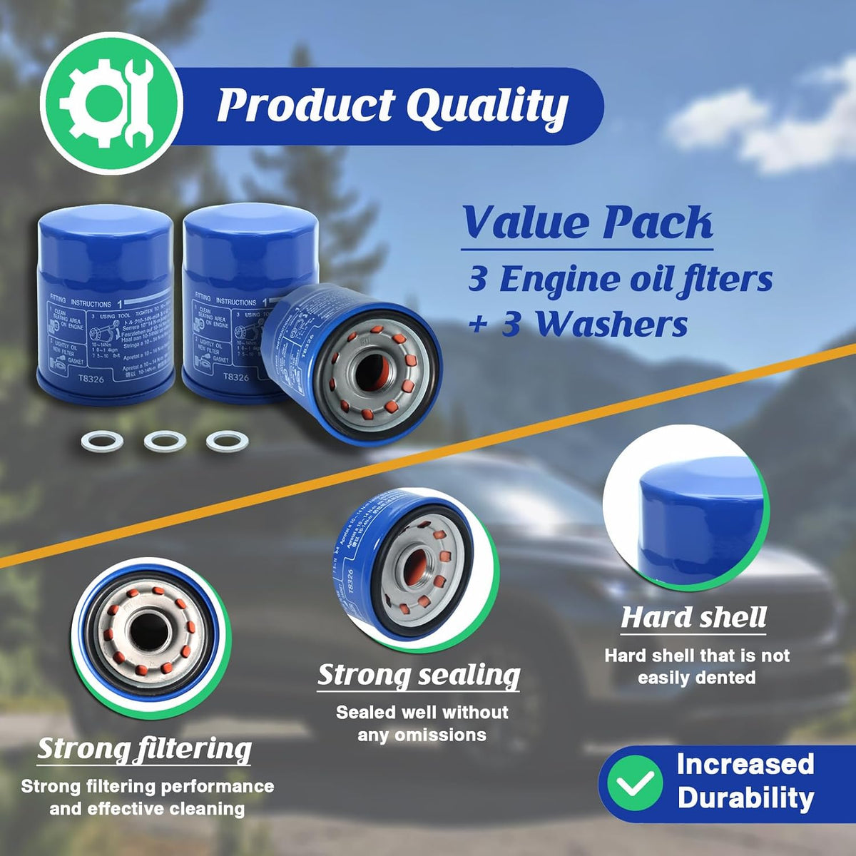 3PCS CMDOCK Oil Filter, Upgraded Version 15400-PLM-A02, with Washers