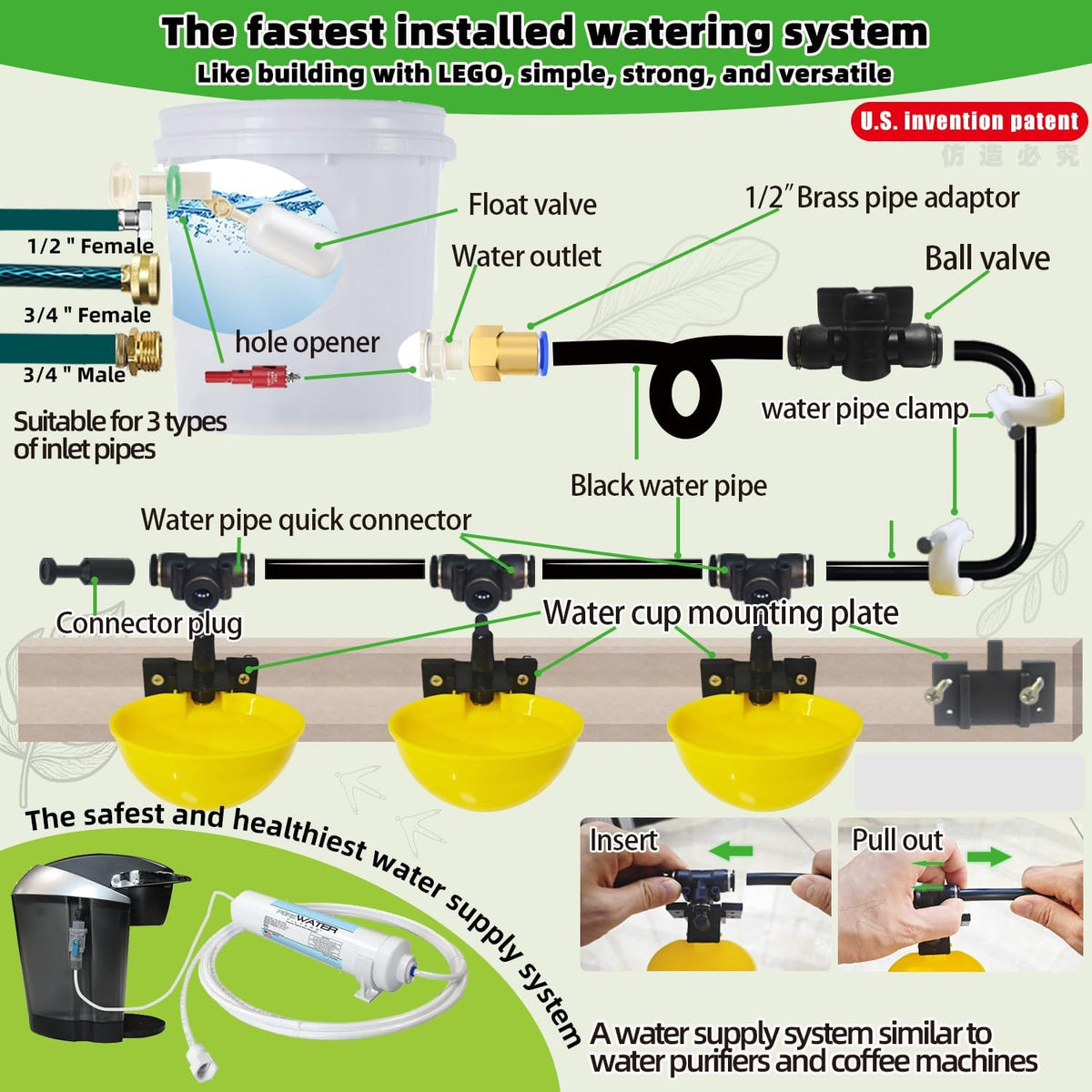 Automatic Chicken Water System, Complete Set with Large Water Cup,Pipeline