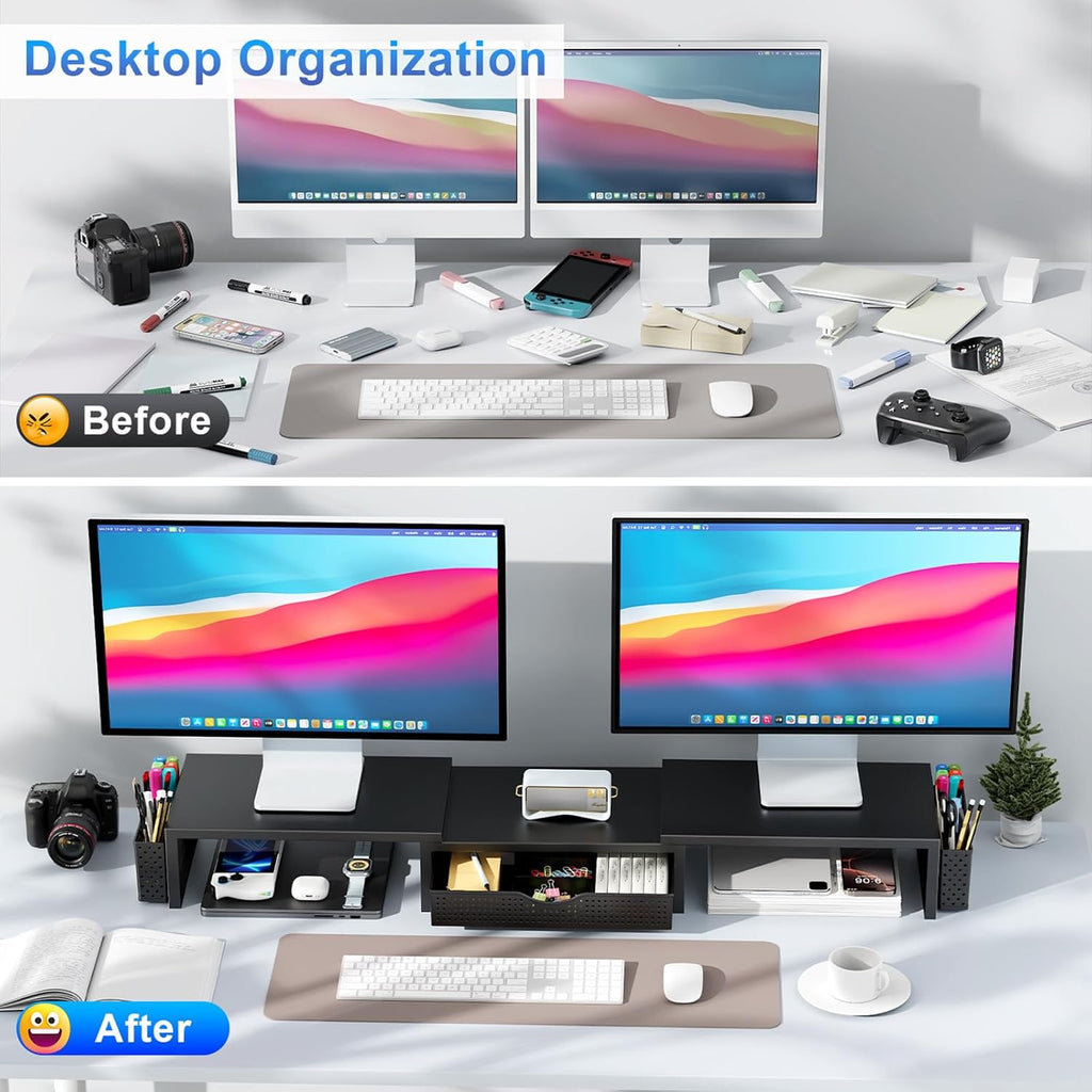 Dual Monitor Stand Riser, Desk Organizer With Drawer and 2 Pen Holders, Computer Monitor Stand, Desk Shelf for Top of