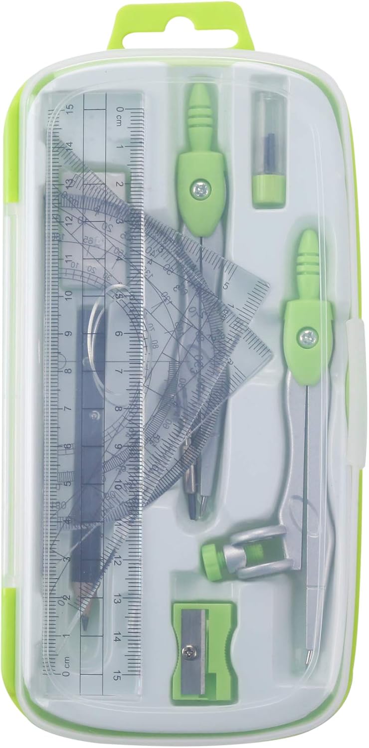 Math Geometry Set 10 Pcs, Compass and Protractor for Students(Green) | Shatterproof Storage