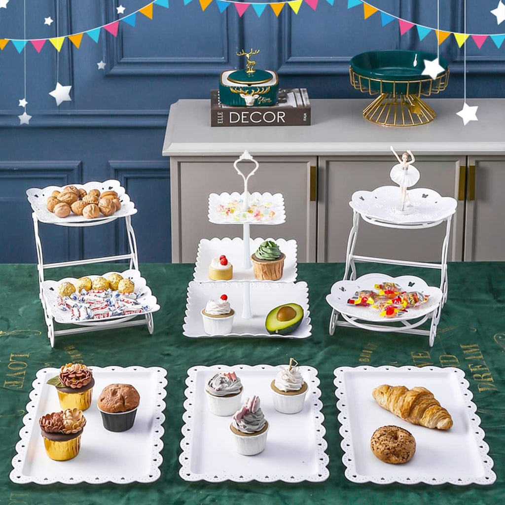 10Pcs Cupcake Stand,Dessert Table Display Set, 4 White 3 Tired Cake Stand 6 Plastic Serving Trays for Party Cookie