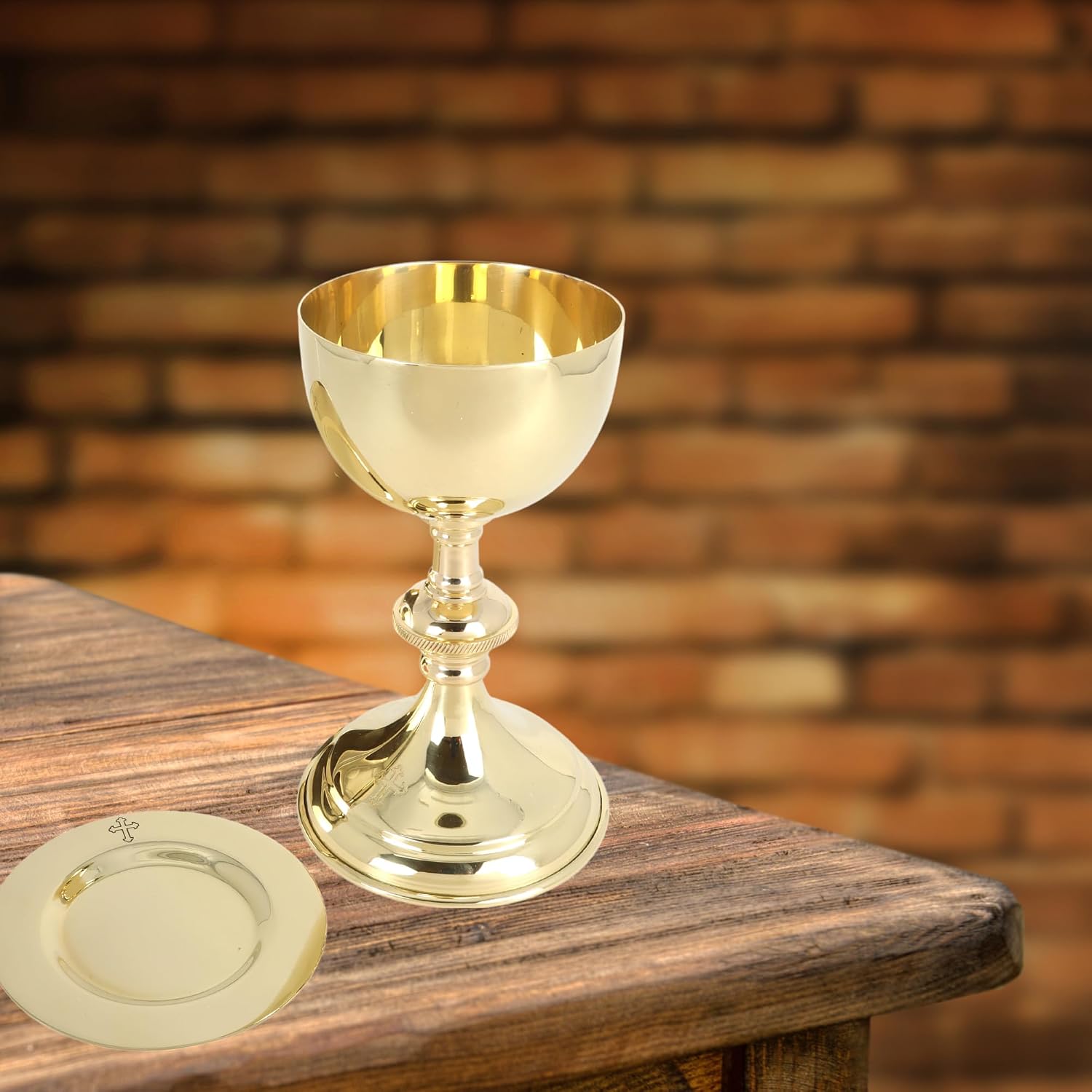 Small Brass Chalice and Paten Set, Religious Sacramental Cup with Dish for Church Communion, 6 by 3.75 Inch Goblet