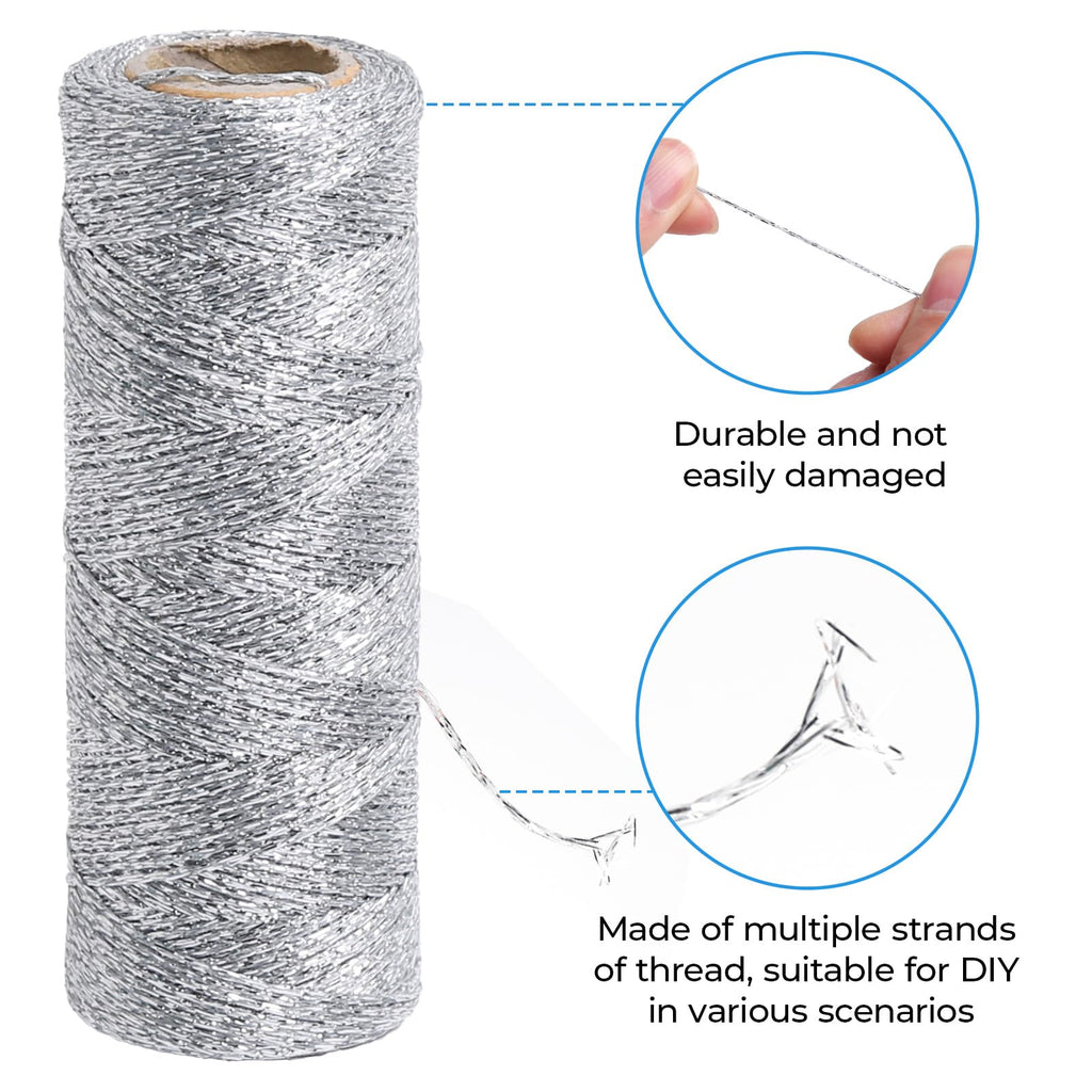 Silver String Silver Twine 328 Feet 1.5mm Silver String for Ornaments Christmas String Twine for Gift Wrapping
