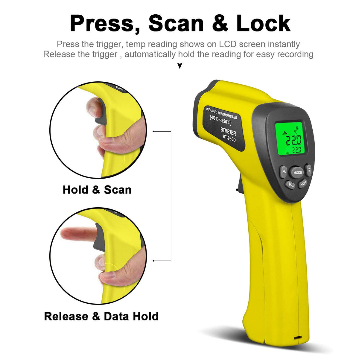 BTMETER Infrared Thermometer Laser Temperature Gun 980D
