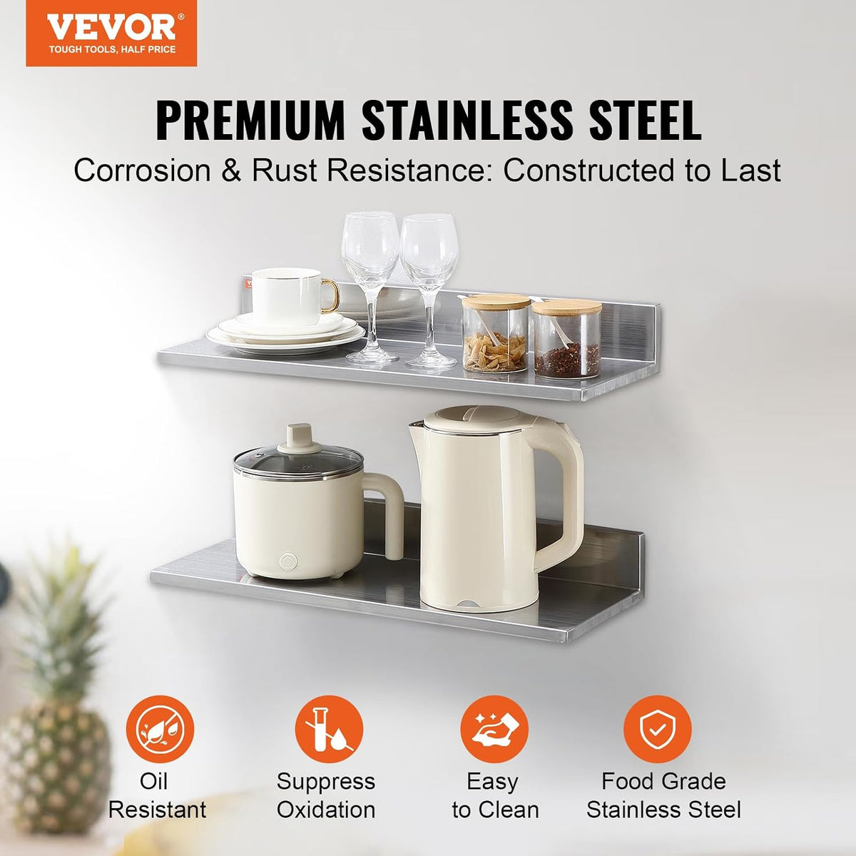 8.6" x 24" -2Pack Stainless Steel Shelf, Wall Mounted Floating Shelving with Backsplash, 44 lbs Load Capacity