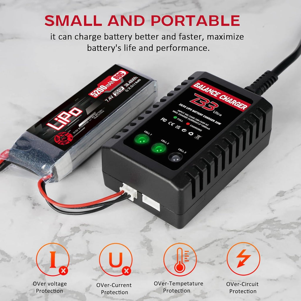 2S-3S LiPo Battery Charger, RC Balance Charger AC 7.4-11.1V Upgrade Version Compact RC Car Charger for XHR Plug Battery