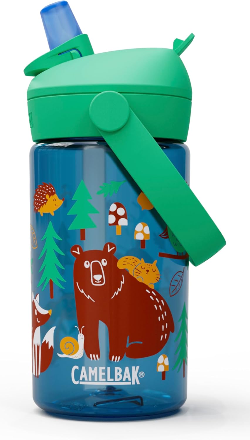 Thrive Flip Straw Kids Water Bottle with Bite Valve, Tritan Renew Design for School and Travel, 14oz, Friendly Forest