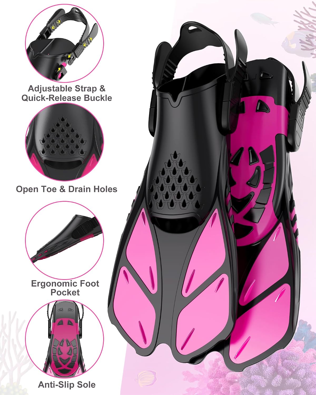 Snorkeling Gear for Kids, Full Face Snorkel Mask Swim Fins Snorkel Set | Anti-fog Anti-leak, Panoramic View, Safe