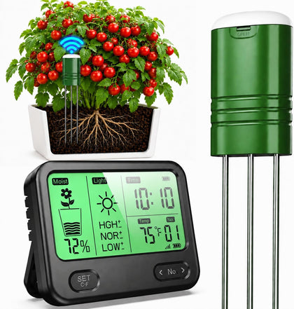 Soil Moisture Meter for Plants,4-in-1 Wireless Soil Tester,Soil Thermometer/Moisture/Sunlight Time,Large