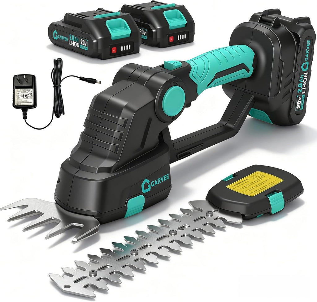20V Cordless Hedge Trimmer, 2 in 1 Electric Bush Trimmer, Handheld Grass Shear with 2×2.0Ah Rechargeable Batteries &